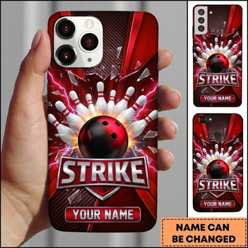 Maxcorners Bowling Phone Case Ball Strike Pins Explosive Glass Particles Electric Lightning Bolts Carbon Pattern Personalized Name Multi Options Cover (7 Colors)
