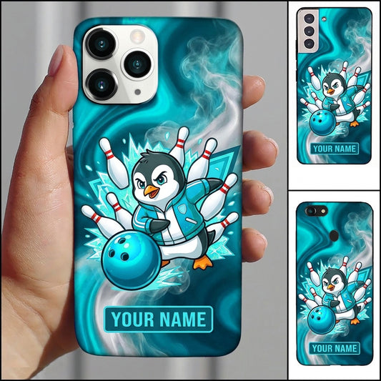 Maxcorners Bowling Phone Case Cute Penguin Mascot Jacket Throwing Ball Shattered Pins Ice Frost Personalized Name Multi Options Cover (7 Colors)