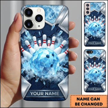 axcorners Bowling Phone Case Crystal Faceted Ball Ice Frost Pins Shattered Wall Metallic Frame Personalized Name Multi Options Cover (7 Colors)