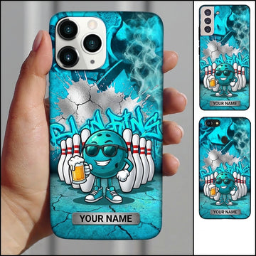 Maxcorners Bowling Phone Case Cool Ball Character Sunglasses Holding Beer Glass Pins Splash Brick Wall Personalized Name Multi Options Cover (7 Colors)