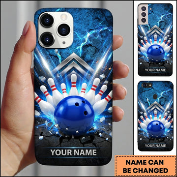 Maxcorners Bowling Phone Case Ball Strike Pins Electric Lightning Bolts Metallic Chevron Pattern Concrete Wall Personalized Name Multi Options Cover (7 Colors)