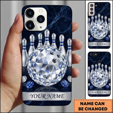 Maxcorners Bowling Phone Case Sparkling Crystal Gemstones Ball Pins Geometric Lines Marble Texture Frame Personalized Name Multi Options Cover (7 Colors)