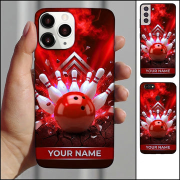 Maxcorners Bowling Phone Case Ball Impact Strike Pins Shattered Rocks Chevron Metallic Grid Smoke Personalized Name Multi Options Cover (7 Colors)