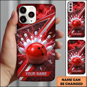 Maxcorners Bowling Phone Case Electric Lightning Strike Ball Pins Shattered Ground Glass Shards Chevron Personalized Name Multi Options Cover (7 Colors)