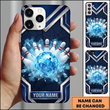 Maxcorners Bowling Phone Case Crystal Faceted Ball Pins Strike Smoke Shards Metallic Chevron Frame Personalized Name Multi Options Cover (7 Colors)