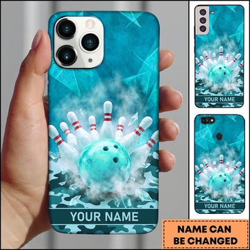 Maxcorners Bowling Phone Case Frost Ice Ball Pins Strike Smoke Camouflage Camo Pattern Shards Personalized Name Multi Options Cover (7 Colors)