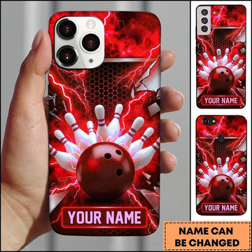 Maxcorners Bowling Phone Case Electric Lightning Energy Bolts Hexagon Mesh Glass Shards Pins Strike Personalized Name Multi Options Cover (7 Colors)