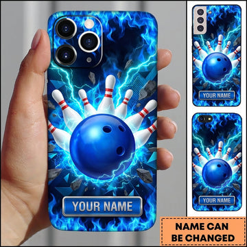 Maxcorners Bowling Phone Case Electric Lightning Energy Bolts Fiery Flames Ball Pins Impact Rocks Personalized Name Multi Options Cover (7 Colors)