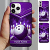 Maxcorners Bowling Phone Case Trophy Championship Emblem Chevron Stripes Carbon Fiber Surface Pins Alley Personalized Name Multi Options Cover (7 Colors)