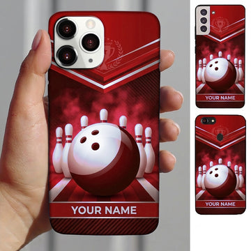 Maxcorners Bowling Phone Case Trophy Championship Emblem Chevron Stripes Carbon Fiber Surface Pins Alley Personalized Name Multi Options Cover (7 Colors)
