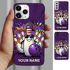 Maxcorners Bowling Phone Case Pin Mascot Cap Sunglasses Holding Ball Pins Graffiti Brick Wall Comic Splash Personalized Name Multi Options Cover (7 Colors)