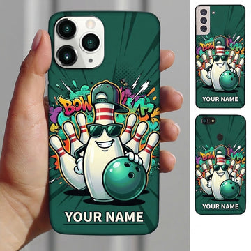 Maxcorners Bowling Phone Case Pin Mascot Cap Sunglasses Holding Ball Pins Graffiti Brick Wall Comic Splash Personalized Name Multi Options Cover (7 Colors)