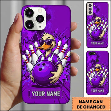 Maxcorners Bowling Phone Case Cool Duck Character Sunglasses Holding Ball Pins Explosion Comic Background Personalized Name Multi Options Cover (7 Colors)