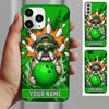 Maxcorners Bowling Phone Case Bulldog Mascot Cap Sunglasses Holding Ball Pins Fire Flames Explosion Personalized Name Multi Options Cover (7 Colors)