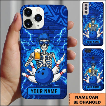 Maxcorners Bowling Phone Case Human Skeleton Cap Sunglasses Holding Beer Mug Ball Pins Lightning Brick Wall Personalized Name Multi Options Cover (7 Colors)