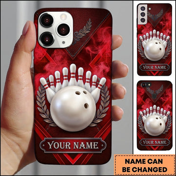 Maxcorners Bowling Phone Case Shiny Ball Wreath Laurel Leaf Frame Pins Smoke Leather Texture Chevron Personalized Name Multi Options Cover (7 Colors)