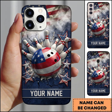 Maxcorners Bowling Phone Case American USA Flag Ball Stars Pattern Cracked Concrete Wall Pins Smoke Personalized Name Multi Options Cover