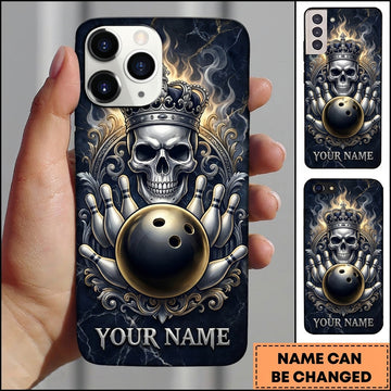 Maxcorners Bowling Phone Case Regal King Skull Crown Ornamental Filigree Frame Marble Surface Ball Pins Personalized Name Multi Options Cover