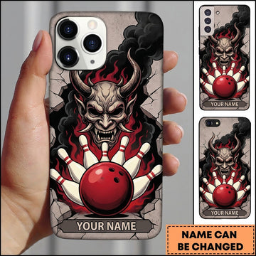 Maxcorners Bowling Phone Case Horned Japanese Oni Demon Mask Fiery Smoke Cracked Wall Ball Pins Personalized Name Multi Options Cover