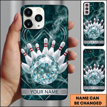 Maxcorners Bowling Phone Case Crystal Diamond Ball Pins Strike Smoke Clouds Marble Texture Geometric Lines Personalized Name Multi Options Cover (7 Colors)