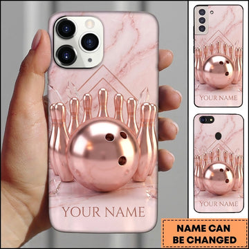 Maxcorners Bowling Phone Case Elegant Metallic Ball Pins Geometric Triangle Frame Marble Texture Personalized Name Multi Options Cover