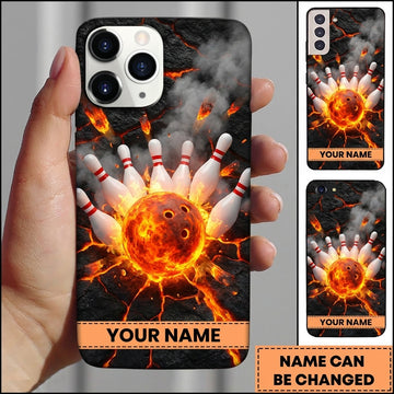 Maxcorners Bowling Phone Case Fiery Lava Explosion Cracked Magma Surface Ball Pins Smoke Cloud Personalized Name Multi Options Cover