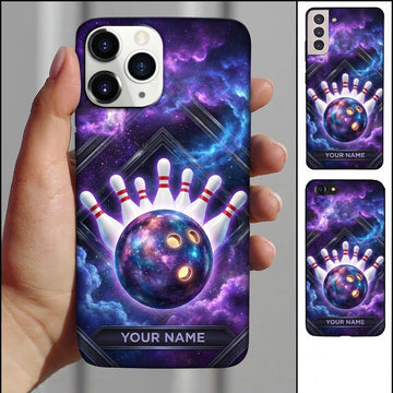 Maxcorners Bowling Phone Case Cosmic Nebula Space Stars Glowing Ball Pins Geometric Frame Cloud Personalized Name Multi Options Cover