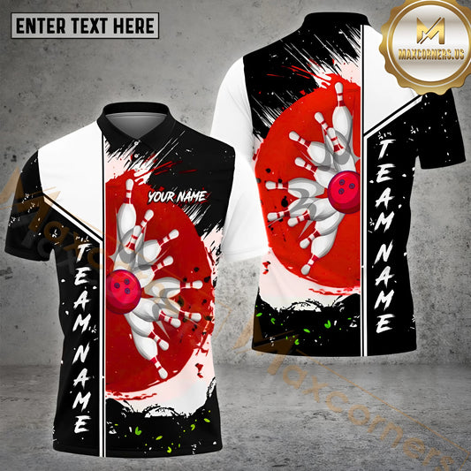Maxcorners Sunny Bowling & Pins Pattern Multicolor Option Customized Name, Team Name 3D Polo Shirt (4 Colors)
