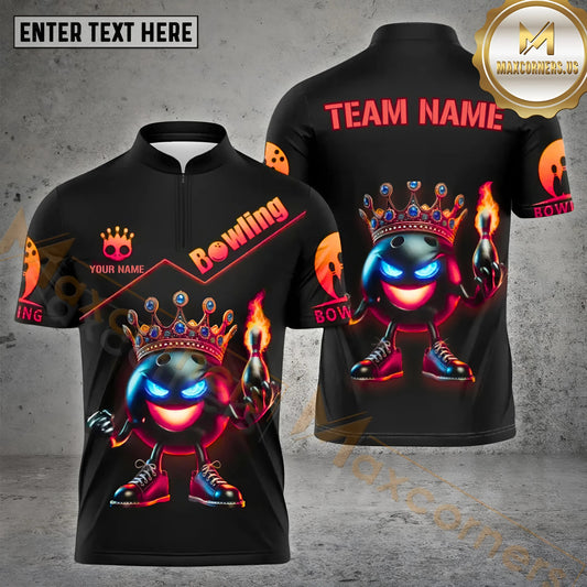 Maxcorners Bowling & Pins Flame Pins And King Bowling Ball Pattern  Multicolor Option Customized Name, Team Name 3D Polo Shirt (4 Colors)