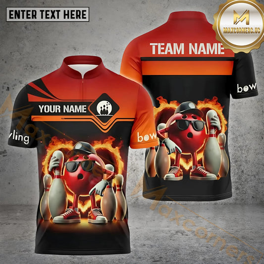 Maxcorners Bowling & Pins Flame Funny Bowling Ball Pattern  Multicolor Option Customized Name, Team Name 3D Polo Shirt (4 Colors)