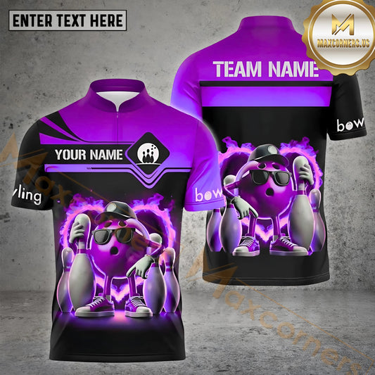 Maxcorners Bowling & Pins Flame Funny Bowling Ball Pattern  Multicolor Option Customized Name, Team Name 3D Polo Shirt (4 Colors)