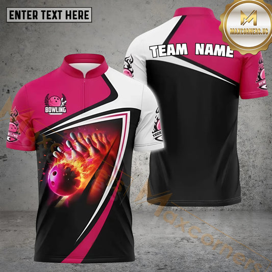 Maxcorners Bowling & Pins Flame Multicolor Option Customized Name, Team Name 3D Polo Shirt (4 Colors)