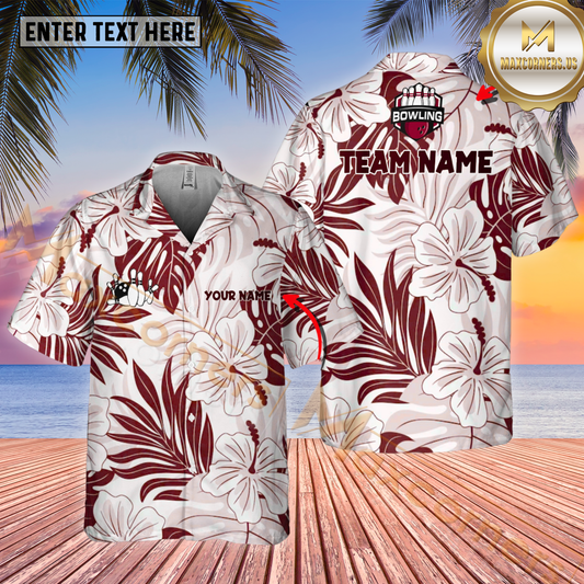 Maxcorners White Tropical Bowling Ball Multicolor Customized Name, Team Name Hawaiian Shirt (4 Colors)
