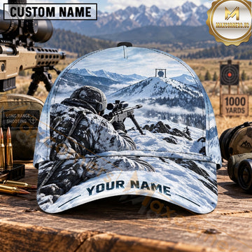 Maxcorners Long Range Shooting Precision Marksman Snow Camo Alpine Range Personalized Name 3D Cap