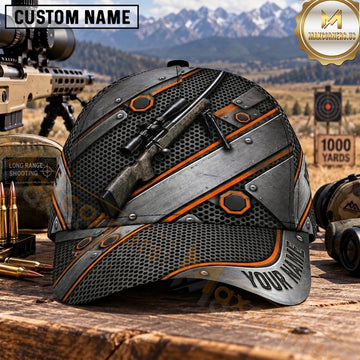 Maxcorners Long Range Shooting Precision Rifle Gray Orange Metal Panels Personalized Name 3D Cap