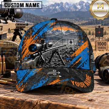 Maxcorners Long Range Shooting Precision Rifle Blue Orange Splatter Personalized Name 3D Cap