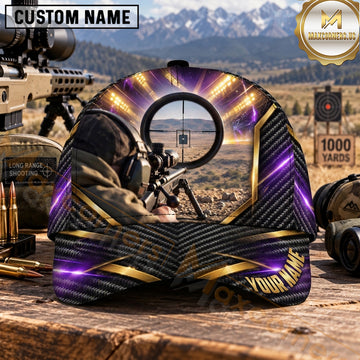 Maxcorners Long Range Shooting Precision Marksman Purple Gold Light Streaks Personalized Name 3D Cap