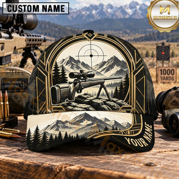 Maxcorners Long Range Shooting Precision Rifle Black Gold Mountain Emblem Personalized Name 3D Cap