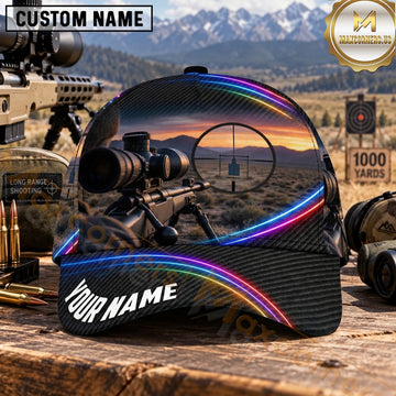 Maxcorners Long Range Shooting Scoped Rifle Neon Rainbow Sunset Personalized Name 3D Cap