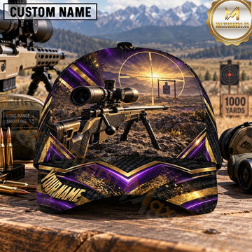 Maxcorners Long Range Shooting Precision Rifle Purple Gold Sunset Personalized Name 3D Cap