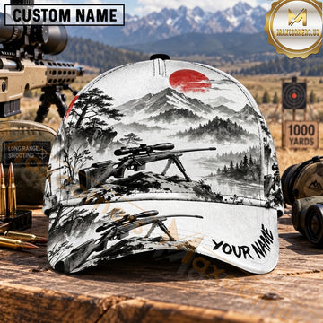 Maxcorners Long Range Shooting Precision Rifle Ink Wash Mountains Red Sun Personalized Name 3D Cap