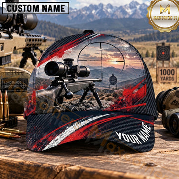 Maxcorners Long Range Shooting Scoped Rifle Red Silver Sunset Streaks Personalized Name 3D Cap