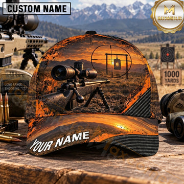 Maxcorners Long Range Shooting Target Rifle Orange Sunset Grunge Personalized Name 3D Cap