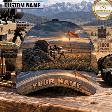 Maxcorners Long Range Shooting Precision Marksman Sunset Field Orange Wind Flag Personalized Name 3D Cap