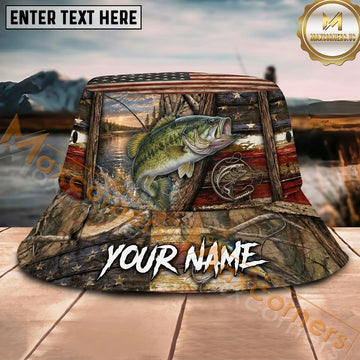 Maxcorners Fishing Rustic Flag Cabin Lake Personalized Name 3D Bucket Hat (12 Fish Species)