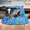 Maxcorners Fishing Faith Cross Blue Wave Personalized Name 3D Bucket Hat (12 Fish Species)