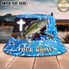 Maxcorners Fishing Faith Cross Blue Wave Personalized Name 3D Bucket Hat (12 Fish Species)