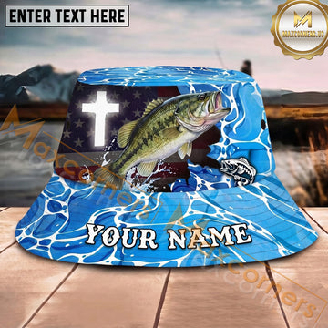 Maxcorners Fishing Faith Cross Blue Wave Personalized Name 3D Bucket Hat (12 Fish Species)