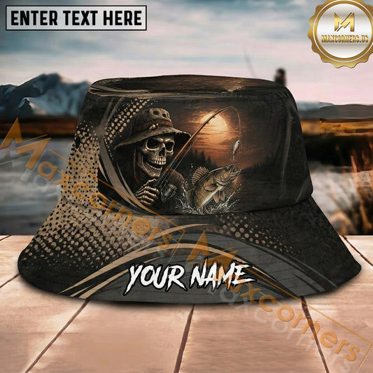 Maxcorners Fishing Skeleton Angler Vintage Sunset Personalized Name 3D Bucket Hat (12 Fish Species)