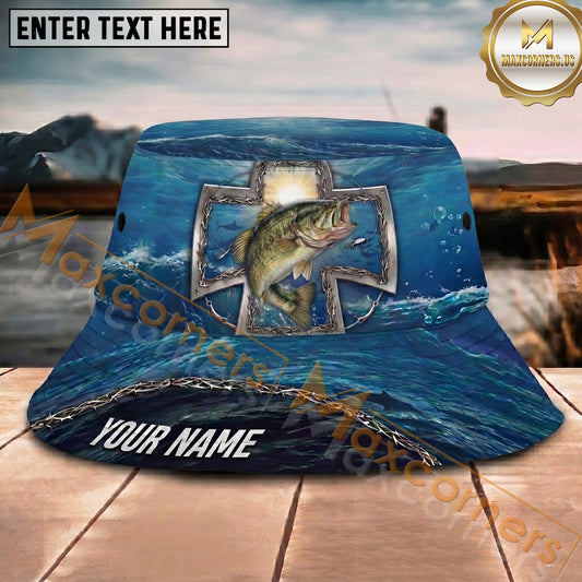 Maxcorners Fishing Ocean Cross Wave Personalized Name 3D Bucket Hat (12 Fish Species)